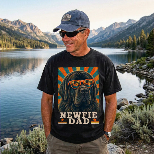Retro Newfie Dad design on a Black Comfort Colors T-shirt worn by a model