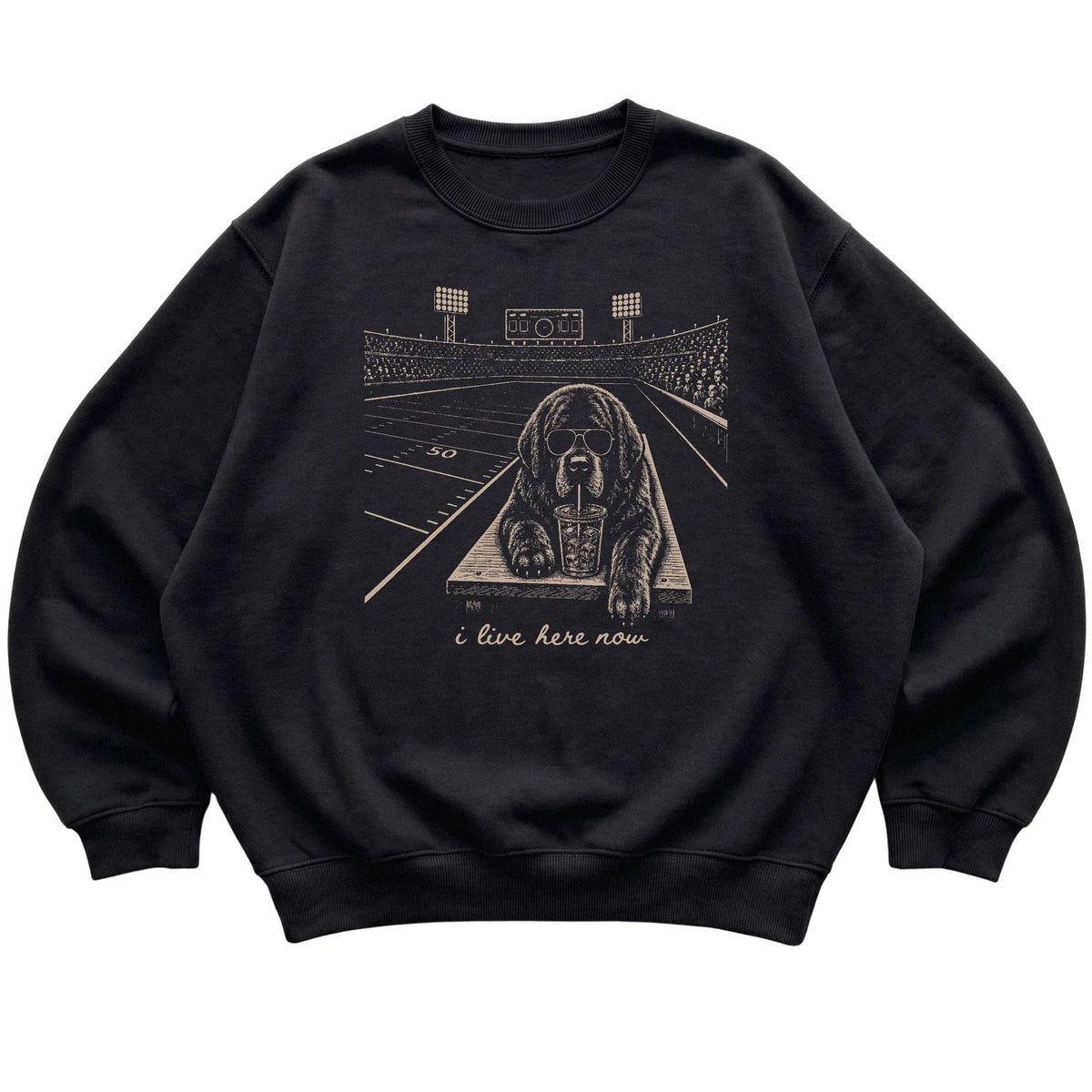 Black Newfie Football Tailgate sweatshirt, laid flat