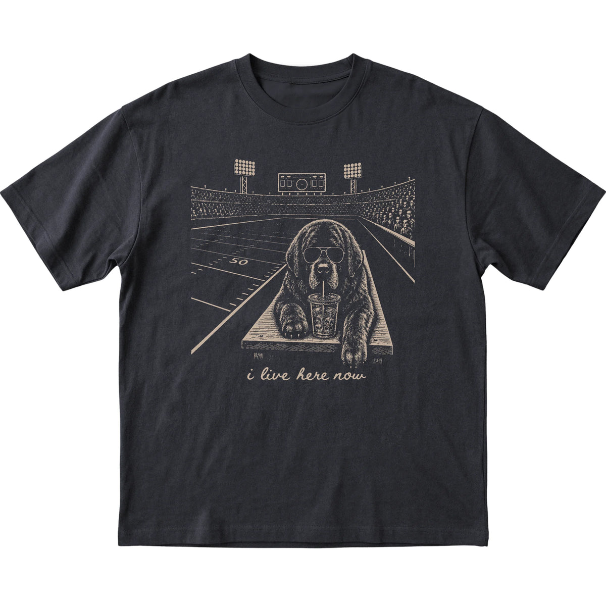 Black Newfie Football Tailgate T-shirt, laid flat