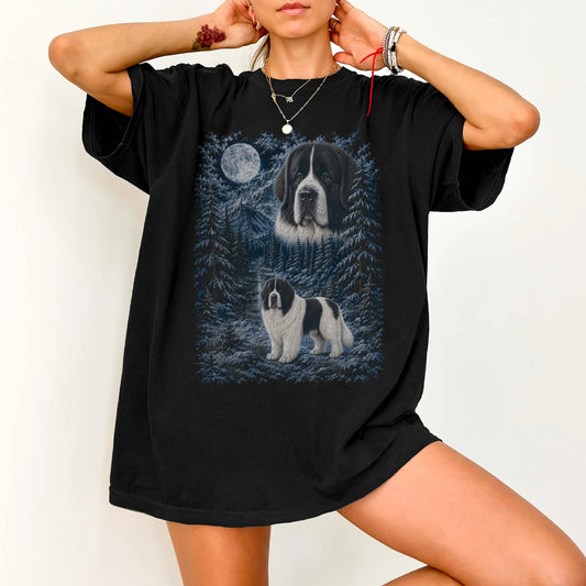 Person wearing a Black Newfie winter forest t-shirt