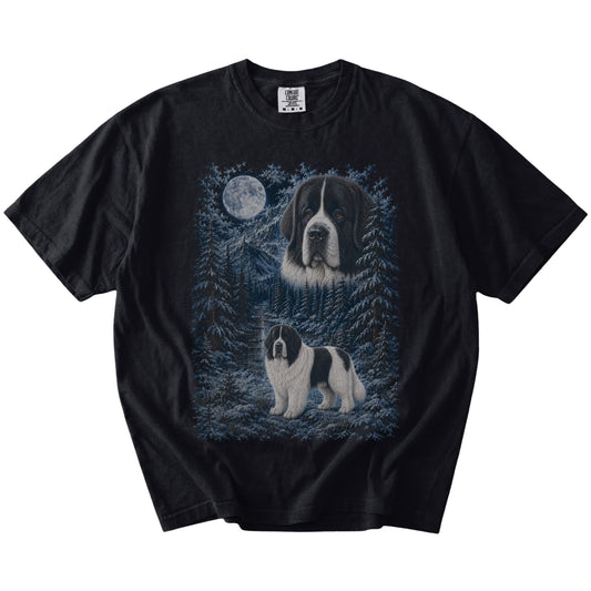Newfie in a snowy winter forest on a Black t-shirt