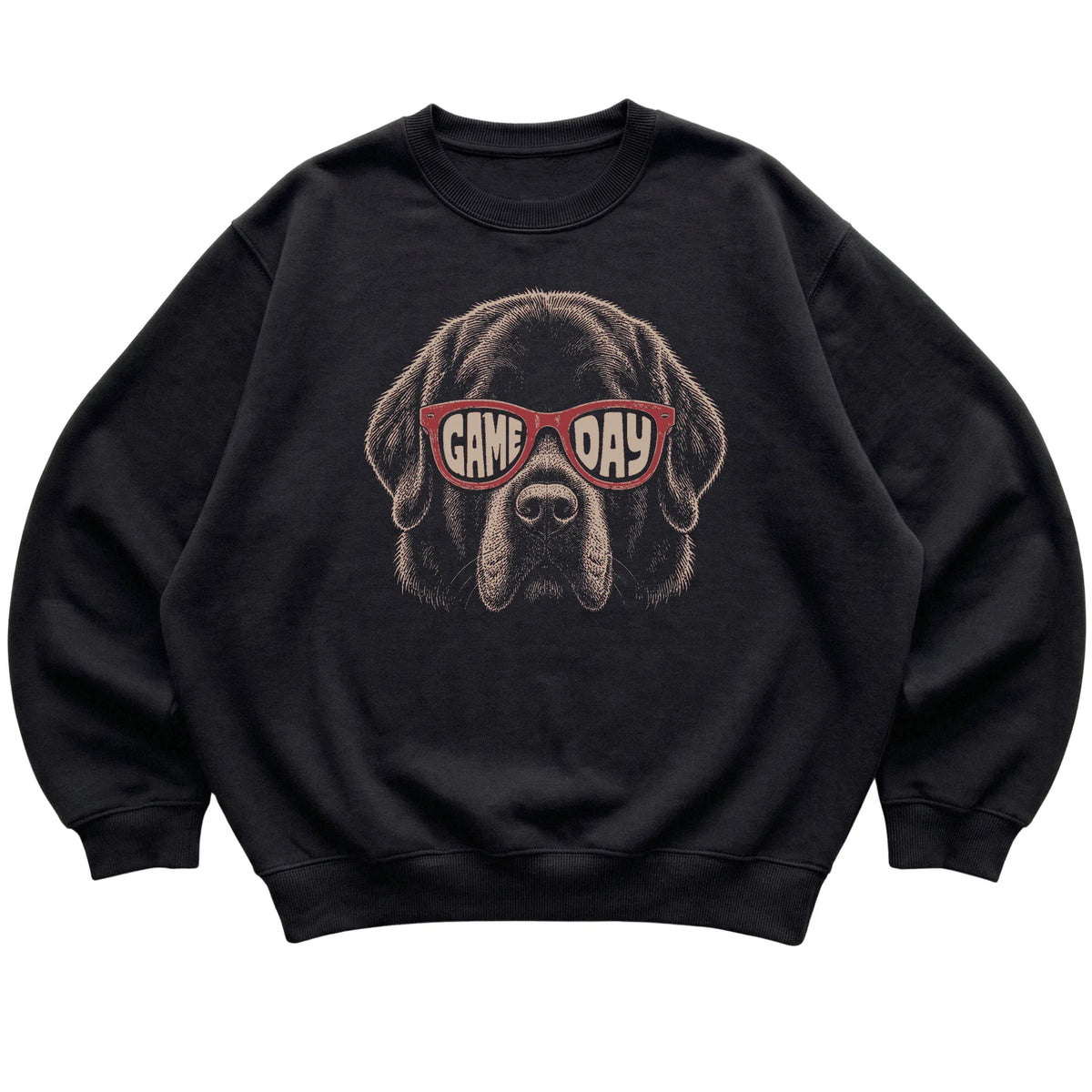 Black Newfie Game Day Sunglasses sweatshirt, laid flat