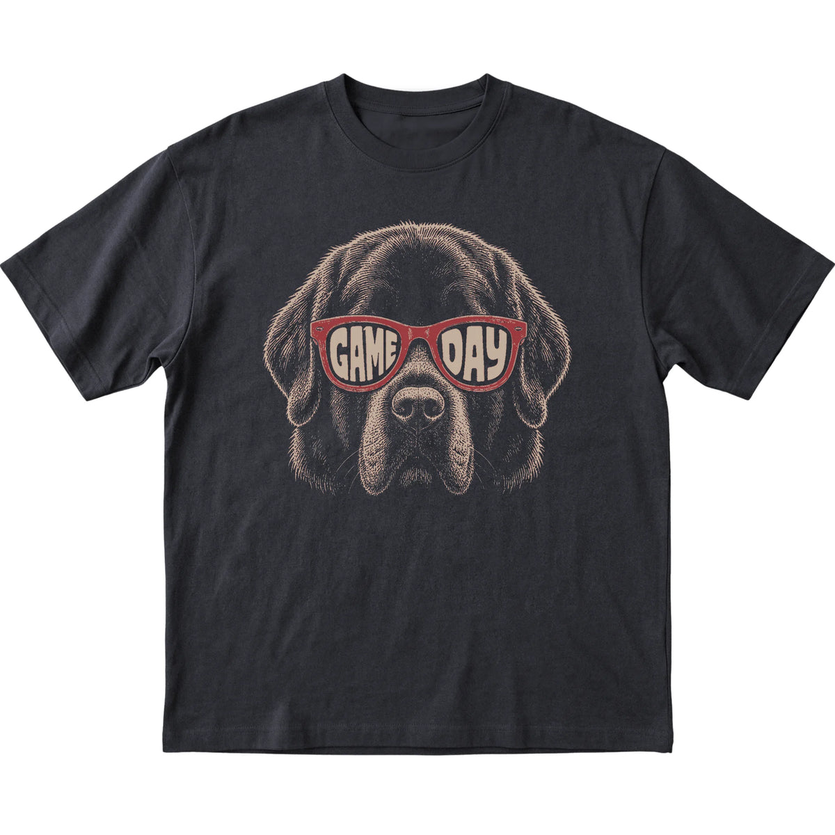 Black Newfie Game Day Sunglasses T-shirt, laid flat