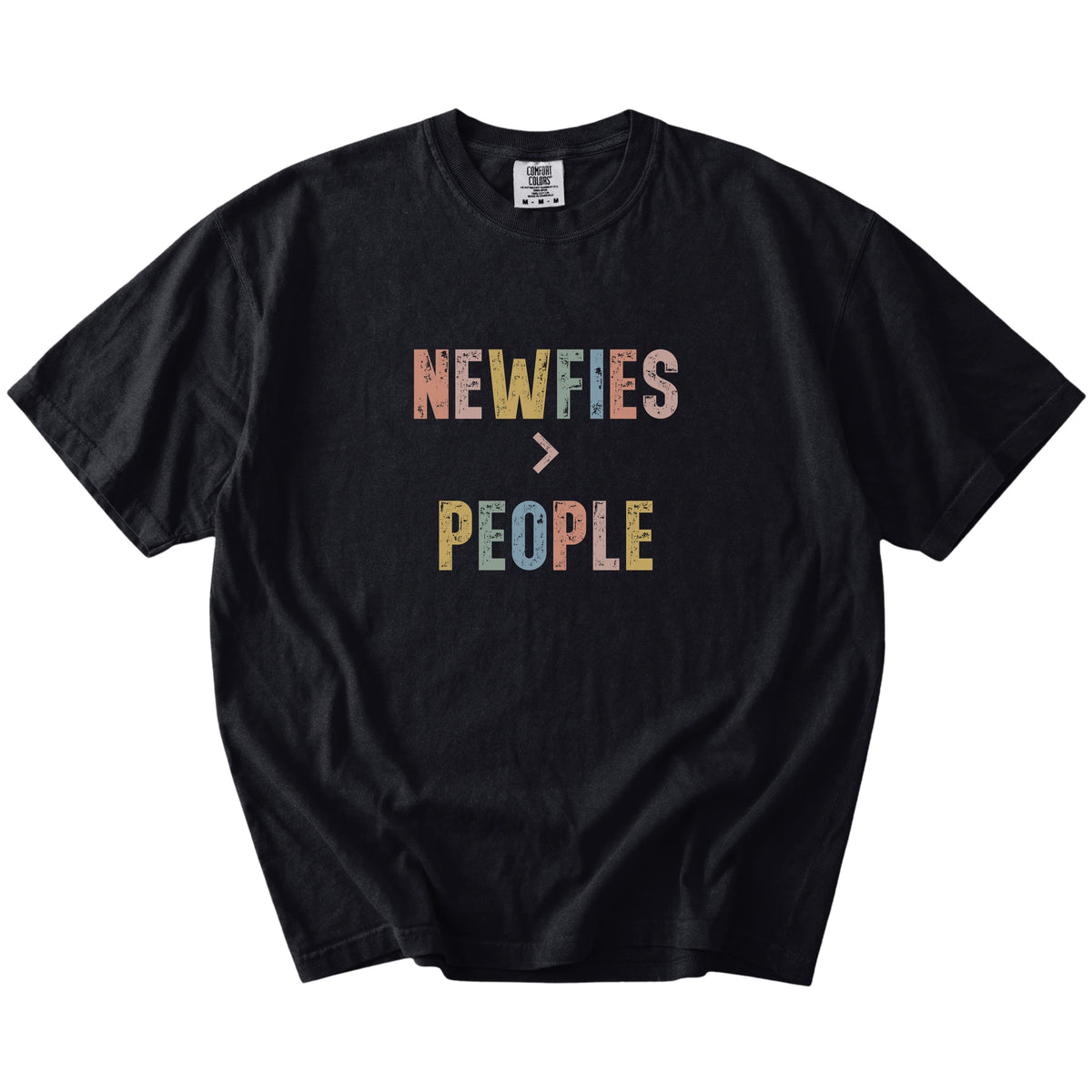 “Newfies > People” text on a Black Comfort Colors® T-shirt