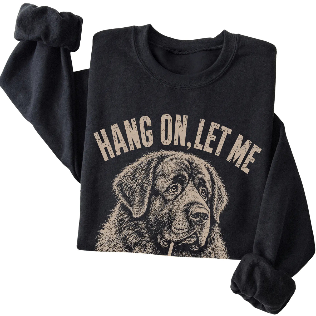 Black crewneck sweatshirt featuring Overthinking Newfie, folded presentation