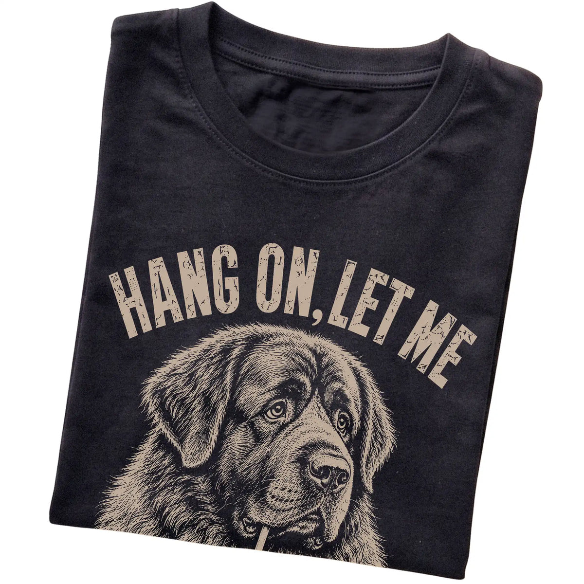 Black T-shirt featuring Overthinking Newfie, folded presentation