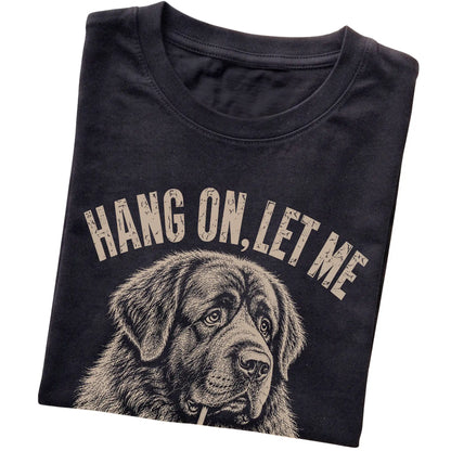 Black T-shirt featuring Overthinking Newfie, folded presentation