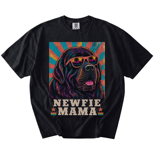 Retro Newfie Mama design on a Black Comfort Colors T-shirt