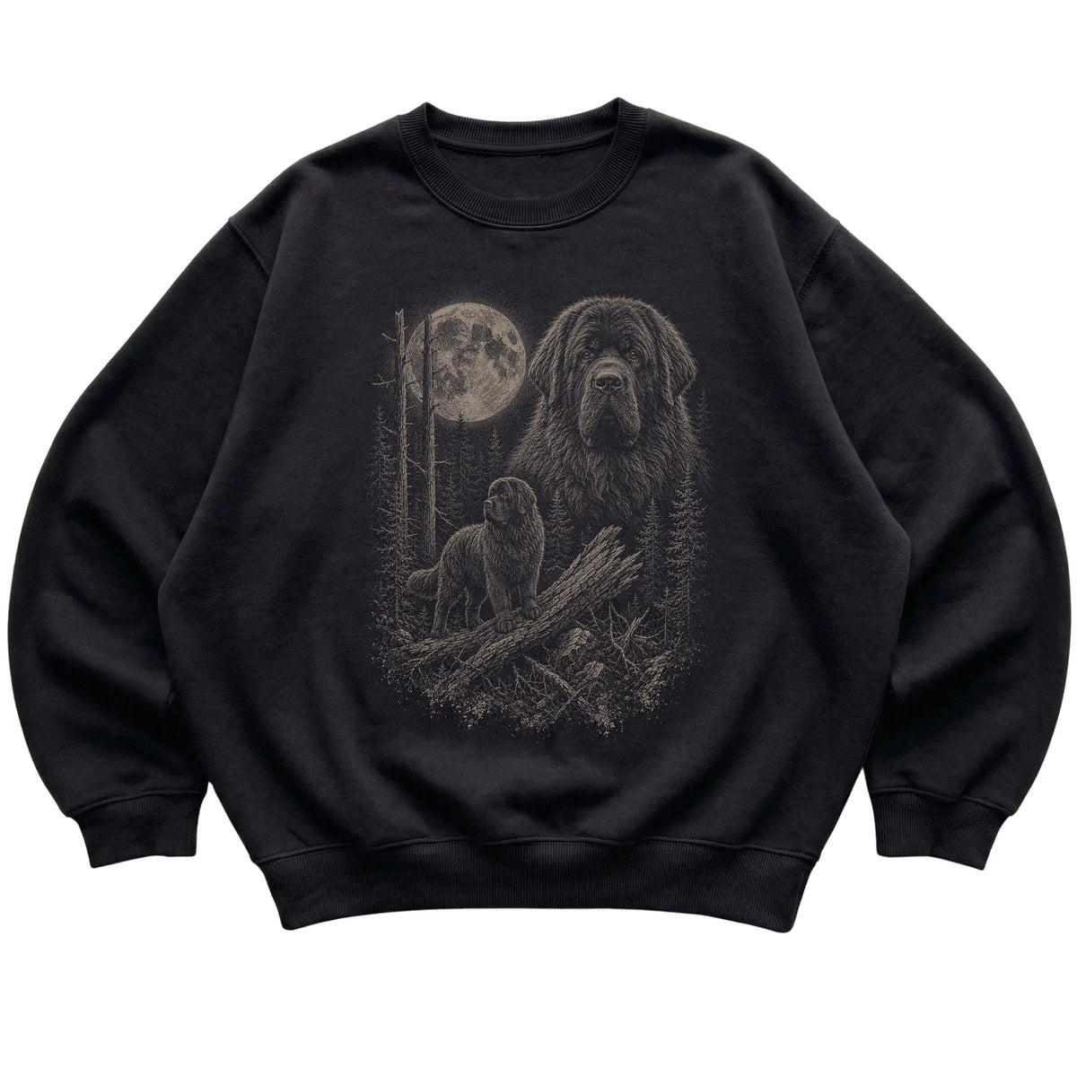 Newfie Moonlit Forest graphic on a black crewneck sweatshirt laid flat
