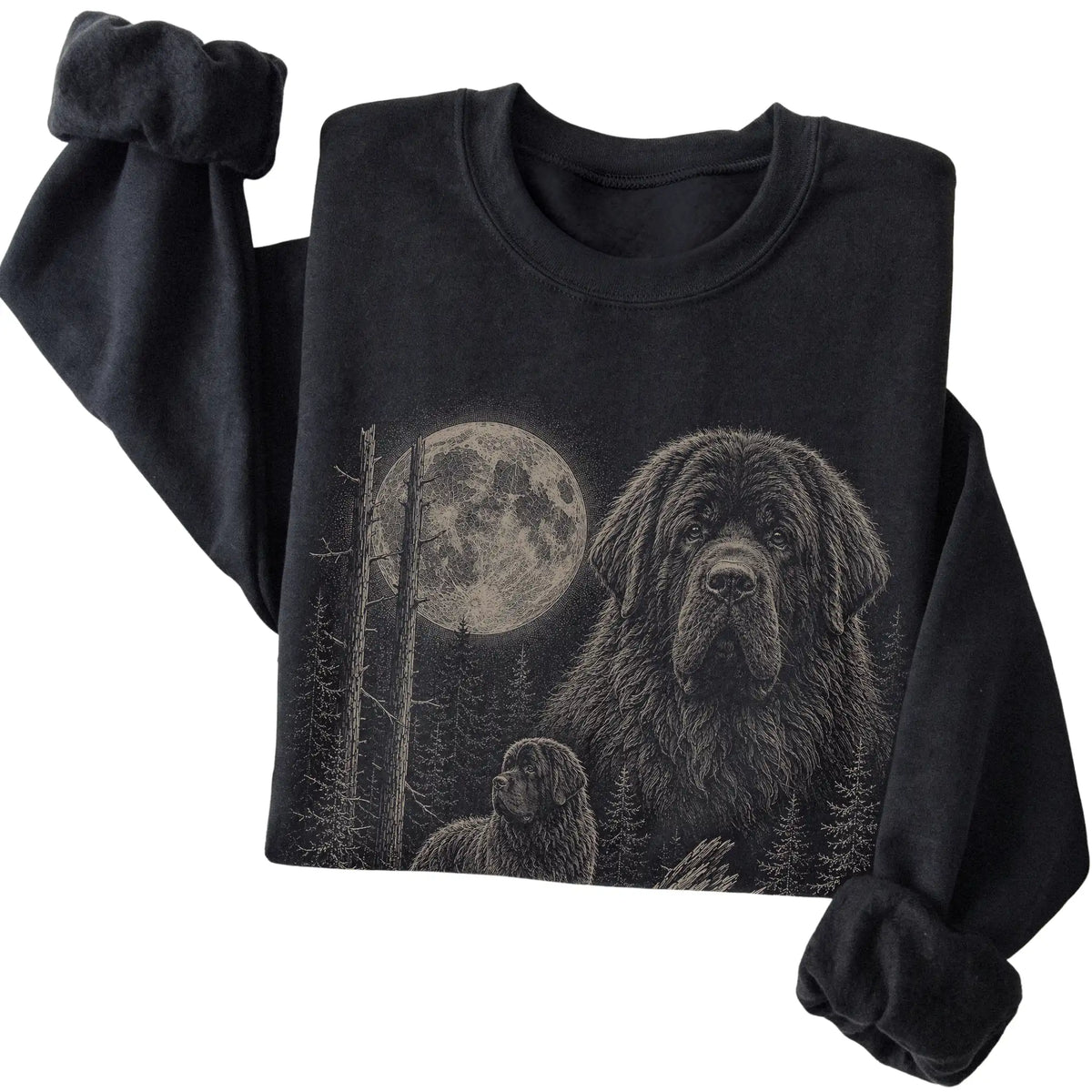 Folded black crewneck sweatshirt showing the Newfie Moonlit Forest graphic