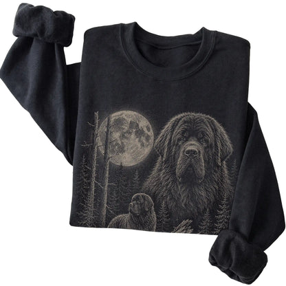 Folded black crewneck sweatshirt showing the Newfie Moonlit Forest graphic