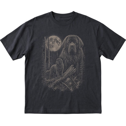 Newfie Moonlit Forest graphic on a black Softstyle T-shirt laid flat