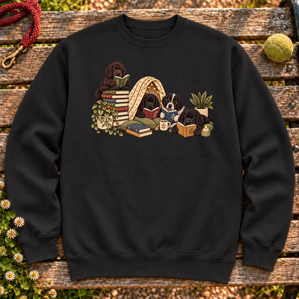 Newfie puppies reading books in a cozy blanket fort on a Black sweatshirt