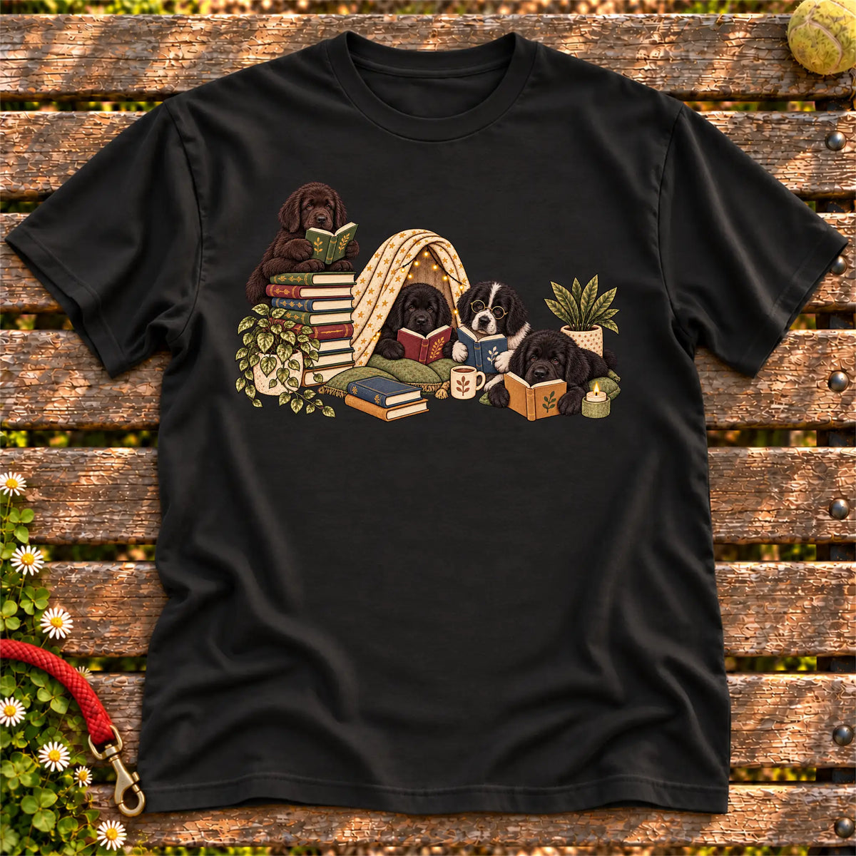 Newfie puppies reading books in a cozy blanket fort on a Black T-shirt