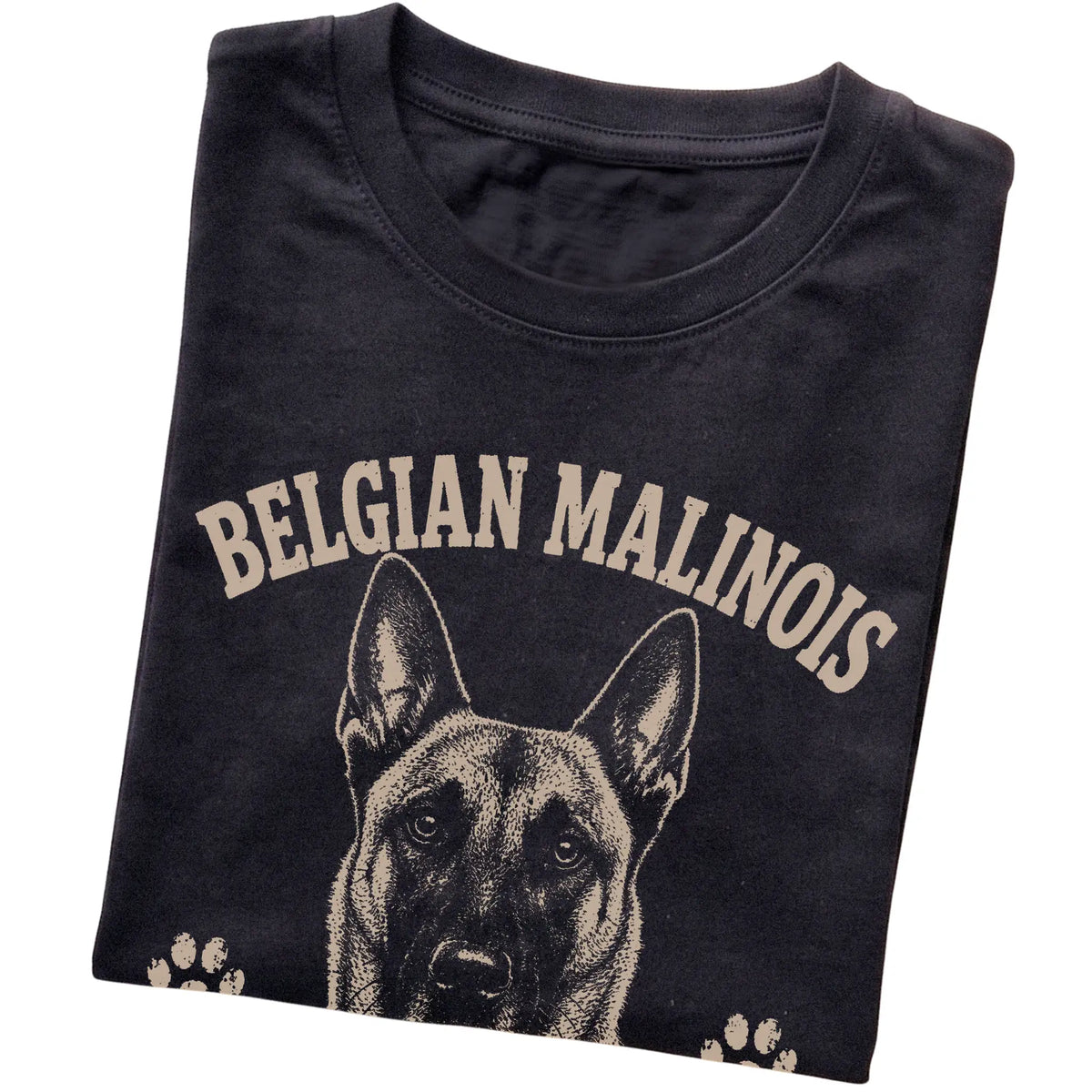 Black T-shirt featuring No Off Switch, No Problem - Belgian Malinois, folded presentation