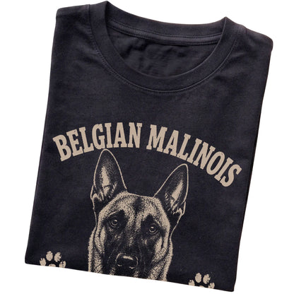 Black T-shirt featuring No Off Switch, No Problem - Belgian Malinois, folded presentation