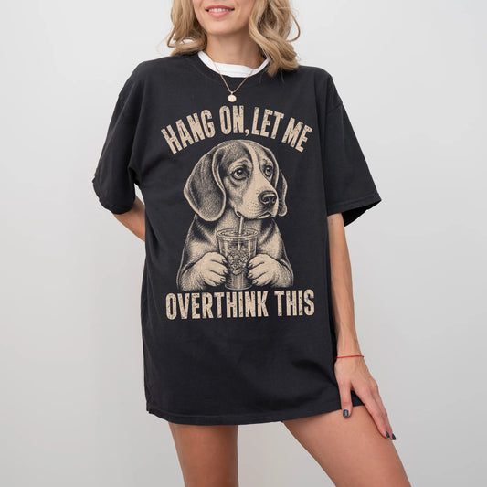 Woman wearing a Black Overthinking Beagle T-Shirt