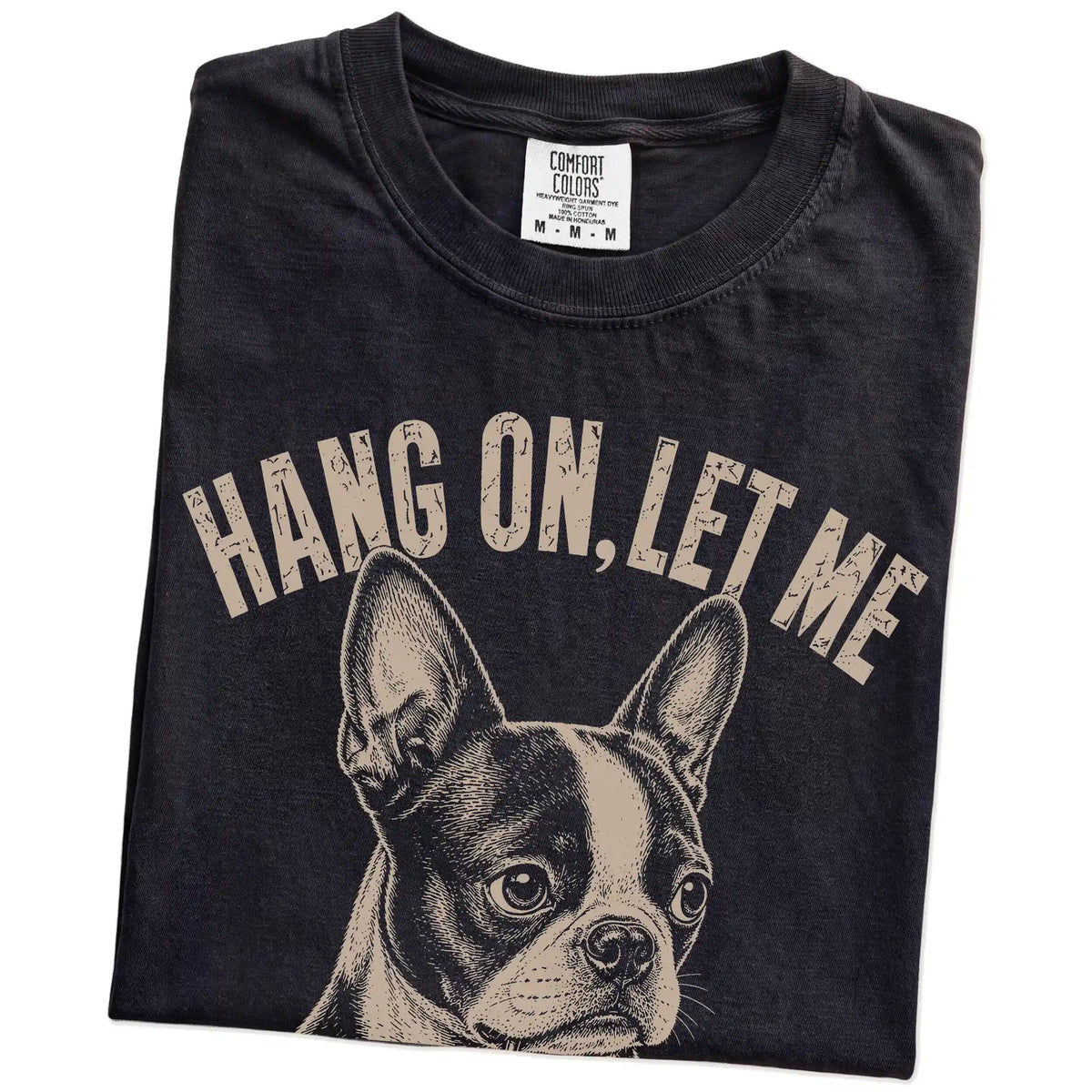 Folded Black Overthinking Boston Terrier T-Shirt showing the graphic