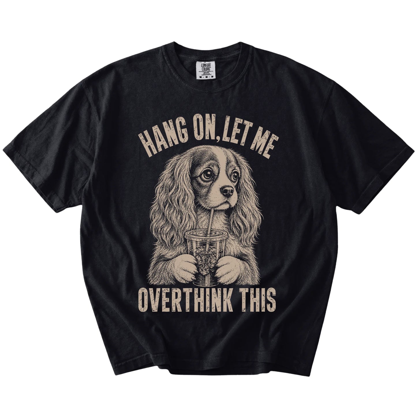 Black Overthinking Cavalier King Charles Spaniel T-Shirt laid flat