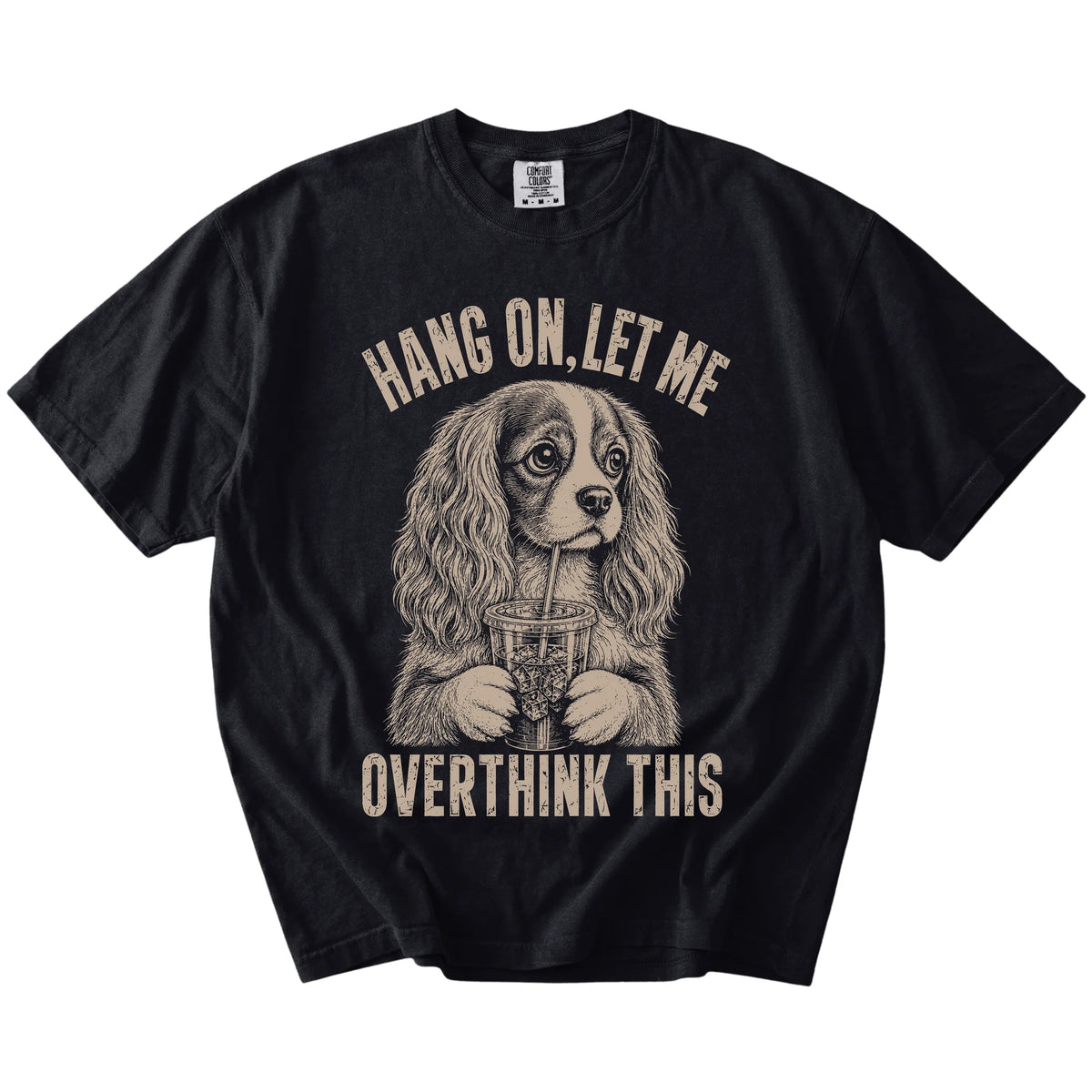 Black Overthinking Cavalier King Charles Spaniel T-Shirt laid flat