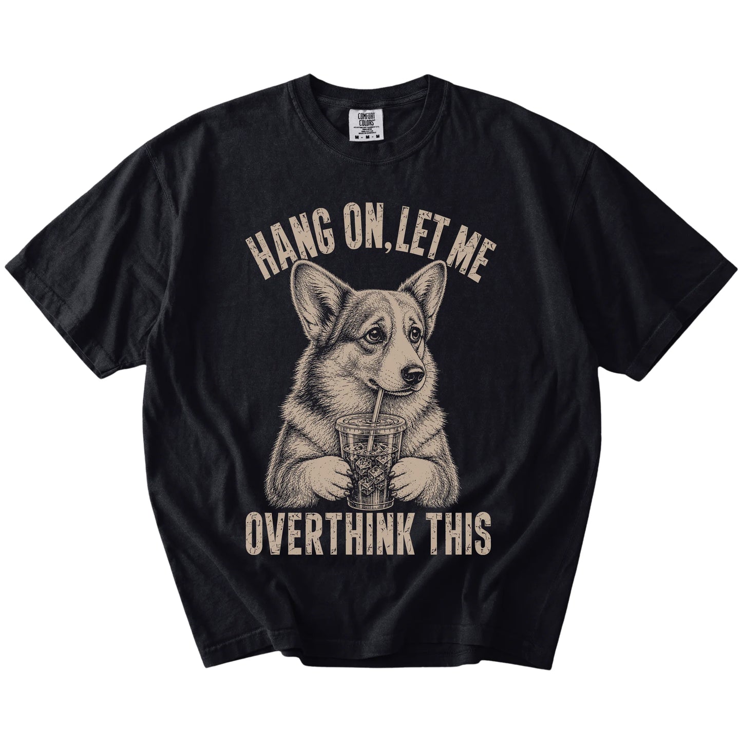 Black Overthinking Corgi T-Shirt laid flat