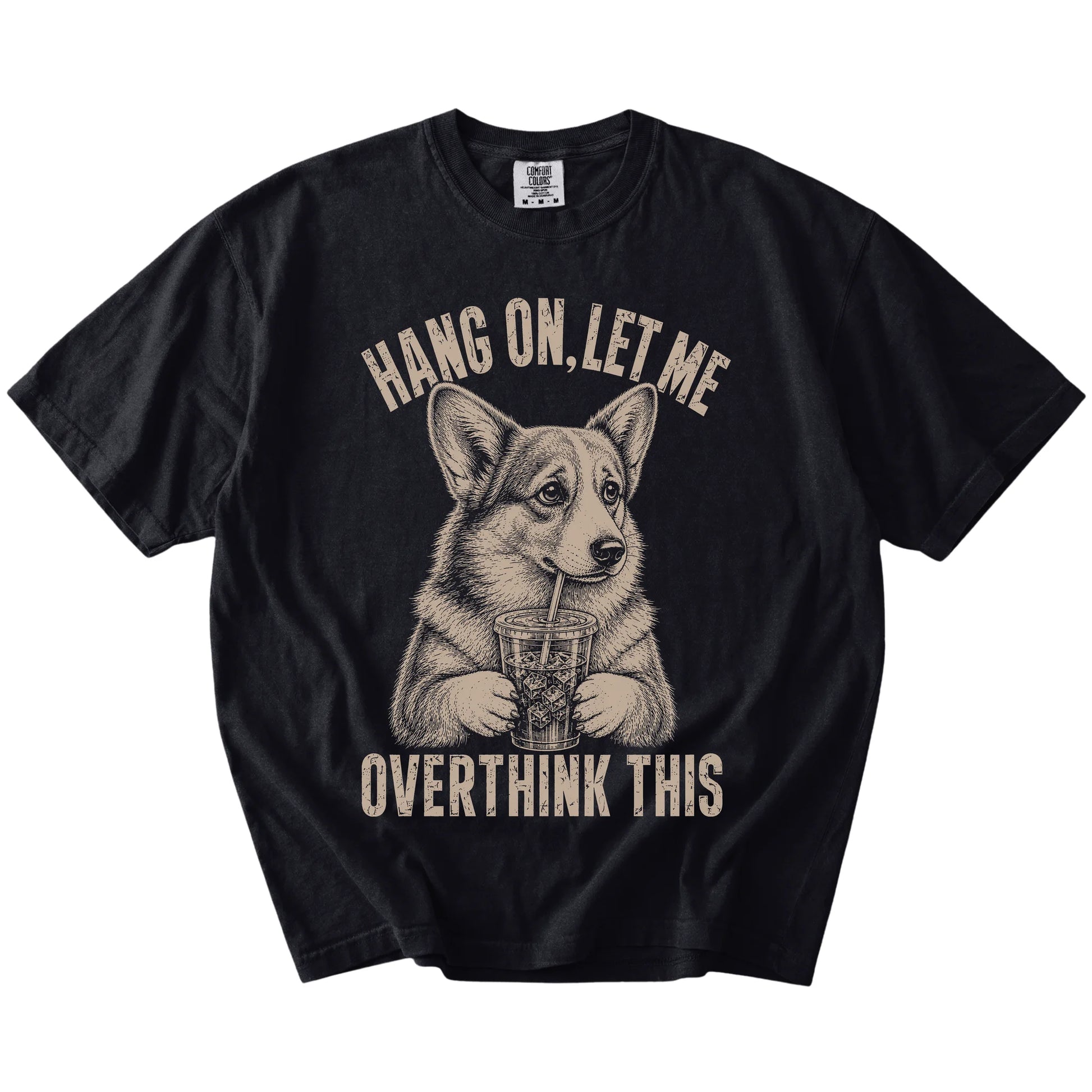 Black Overthinking Corgi T-Shirt laid flat