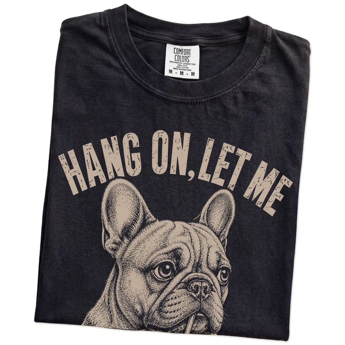 Folded Black Overthinking French Bulldog T-Shirt showing the graphic