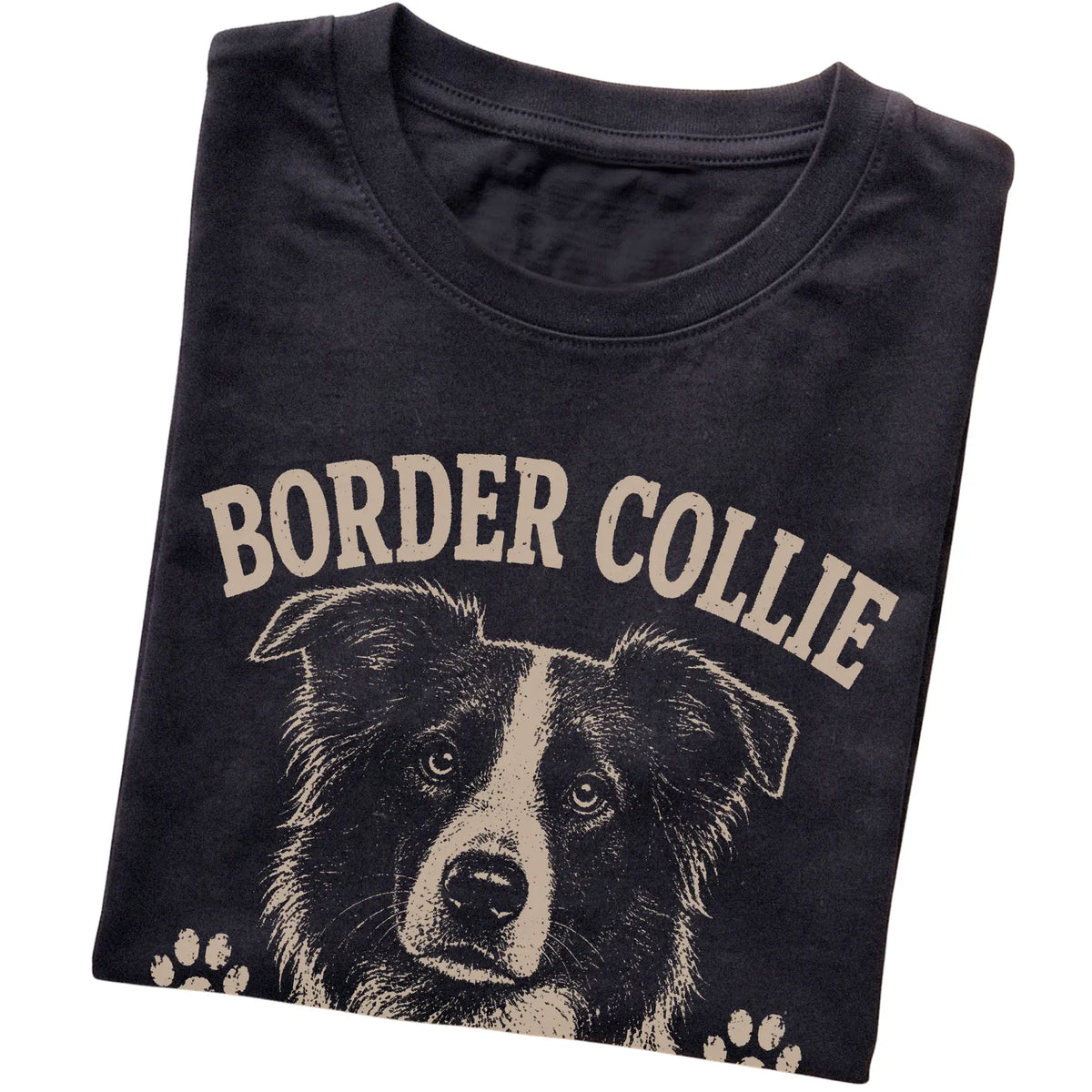 Black T-shirt featuring Overthinking Is My Cardio - Border Collie, folded presentation