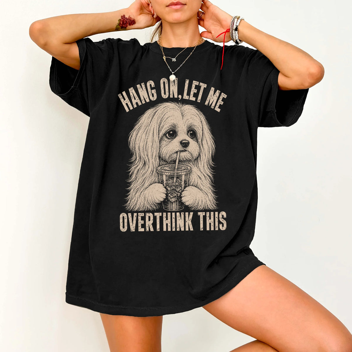 Woman wearing a Black Overthinking Maltese T-Shirt