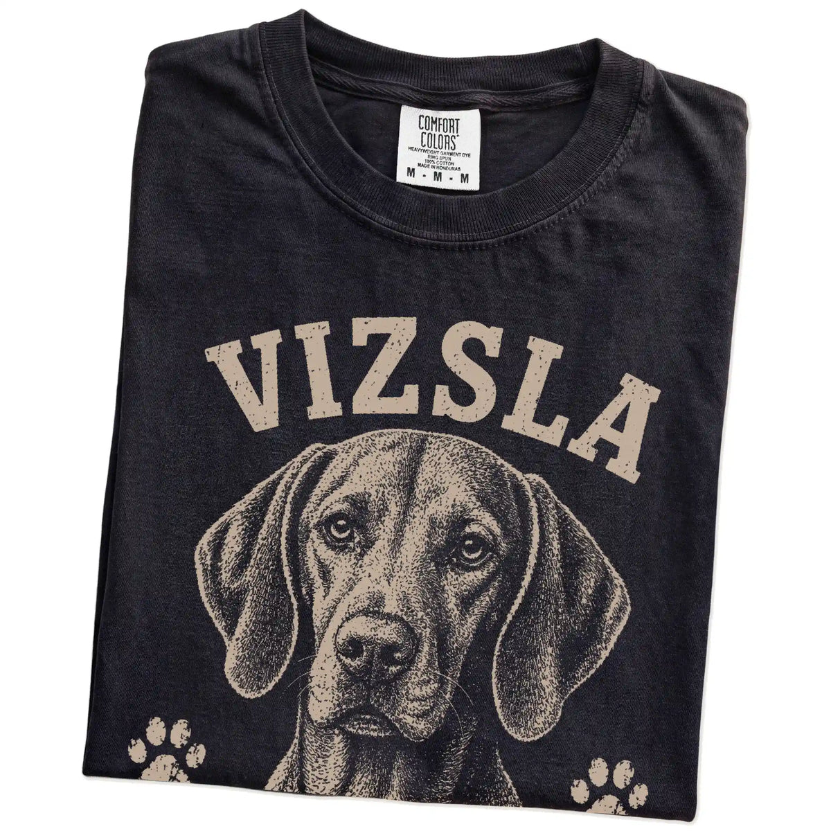 Folded Black Comfort Colors® T-shirt showing Vizsla design with “Personal Space Is Overrated” lettering