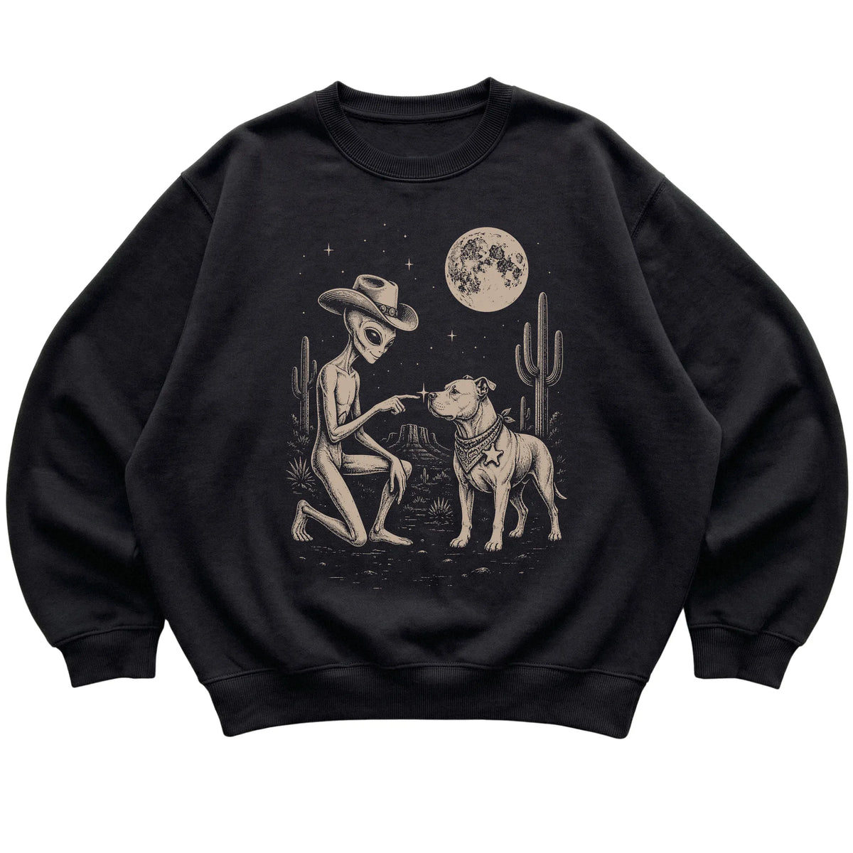 Black crewneck sweatshirt featuring Pitbull Cowboy and Alien, laid-flat presentation