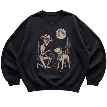Black crewneck sweatshirt featuring Pitbull Cowboy and Alien, laid-flat presentation
