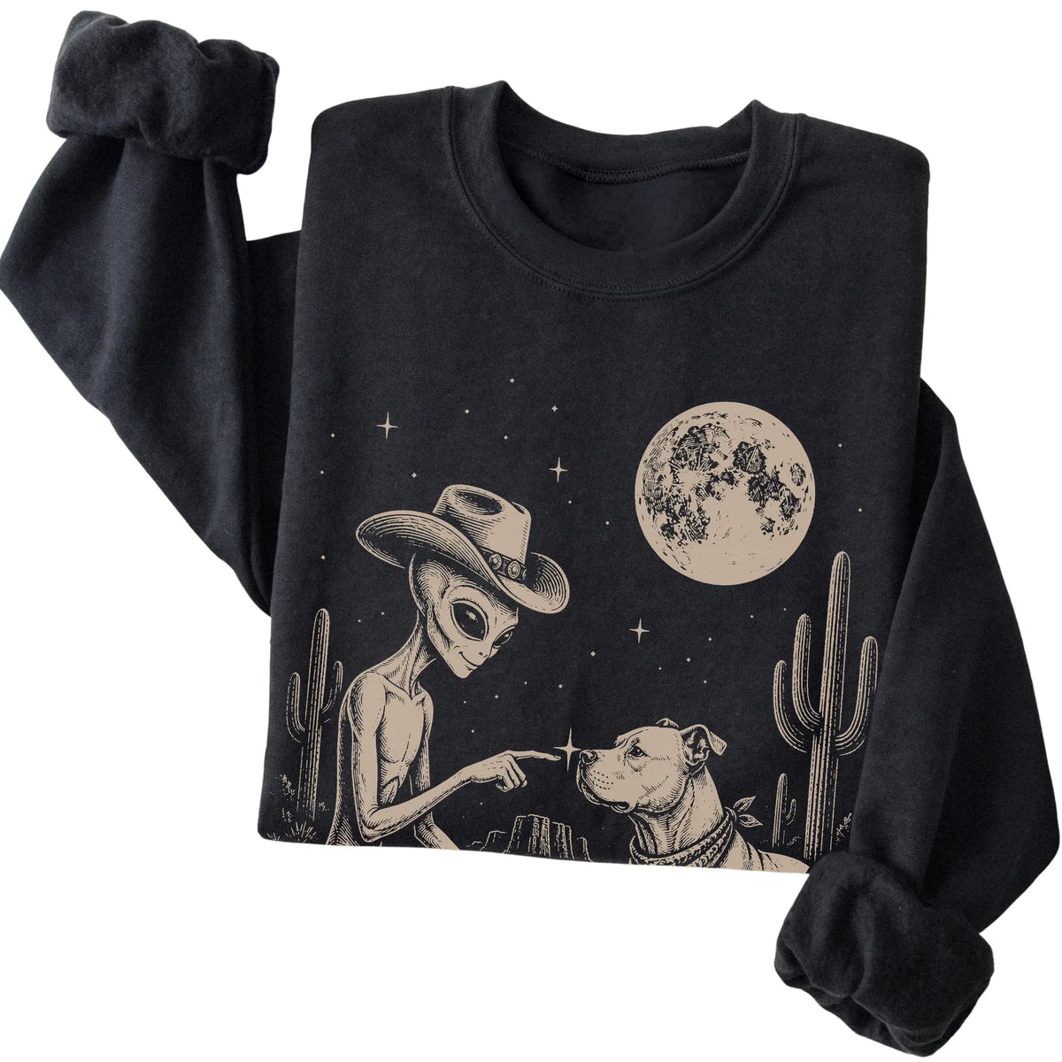 Black crewneck sweatshirt featuring Pitbull Cowboy and Alien, folded presentation