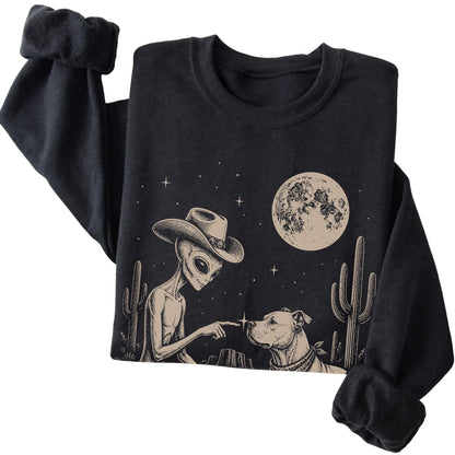 Black crewneck sweatshirt featuring Pitbull Cowboy and Alien, folded presentation