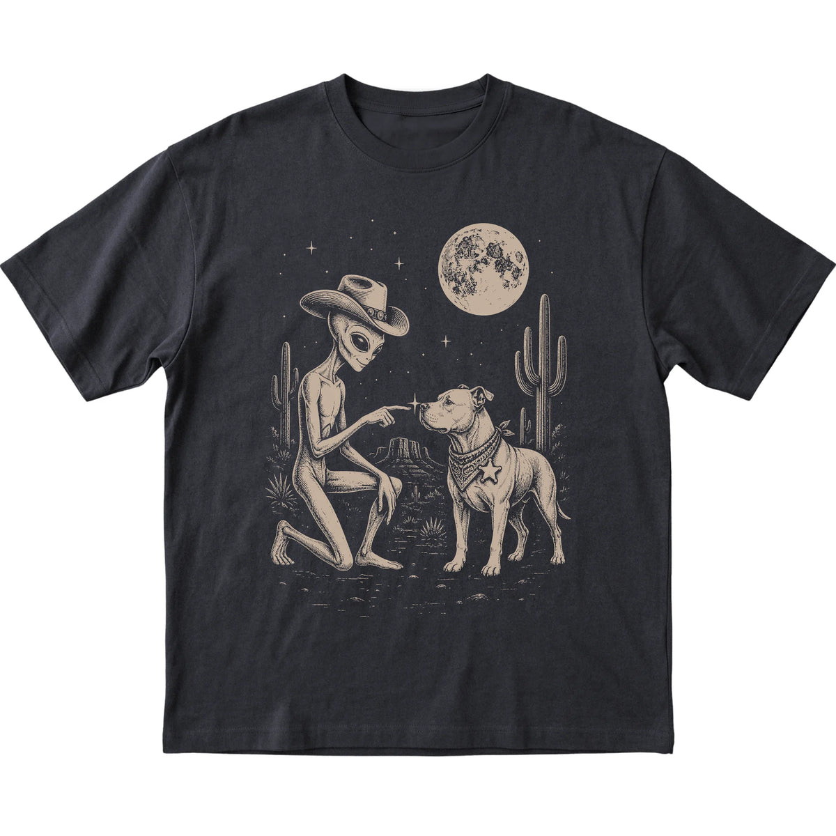 Black T-shirt featuring Pitbull Cowboy and Alien, laid-flat presentation