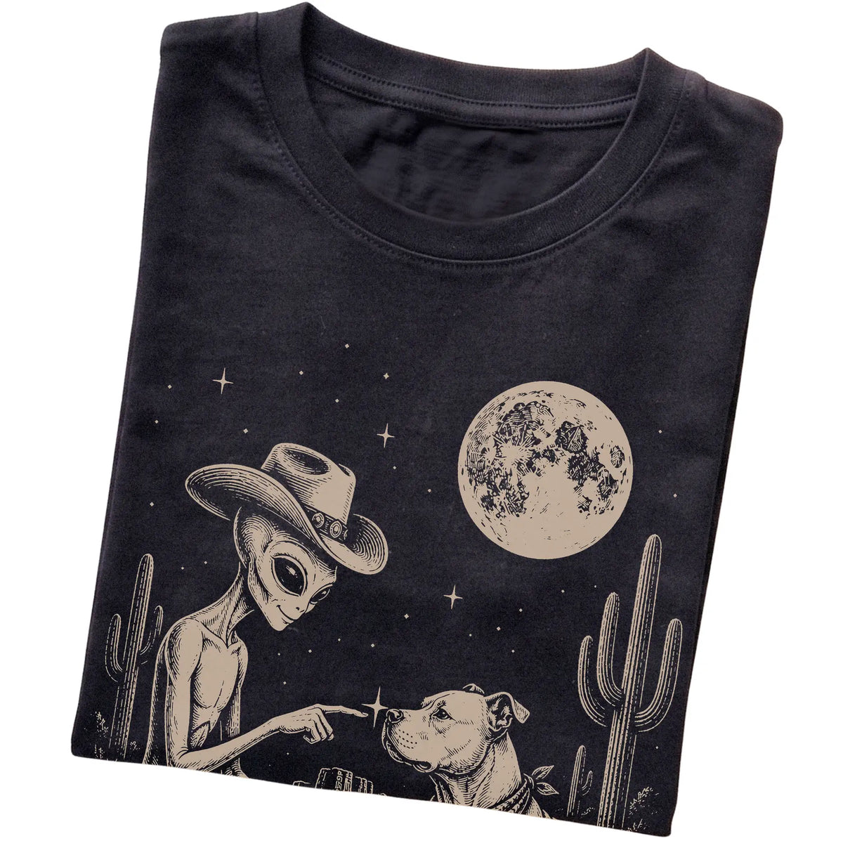 Black T-shirt featuring Pitbull Cowboy and Alien, folded presentation