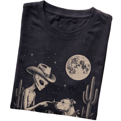 Black T-shirt featuring Pitbull Cowboy and Alien, folded presentation