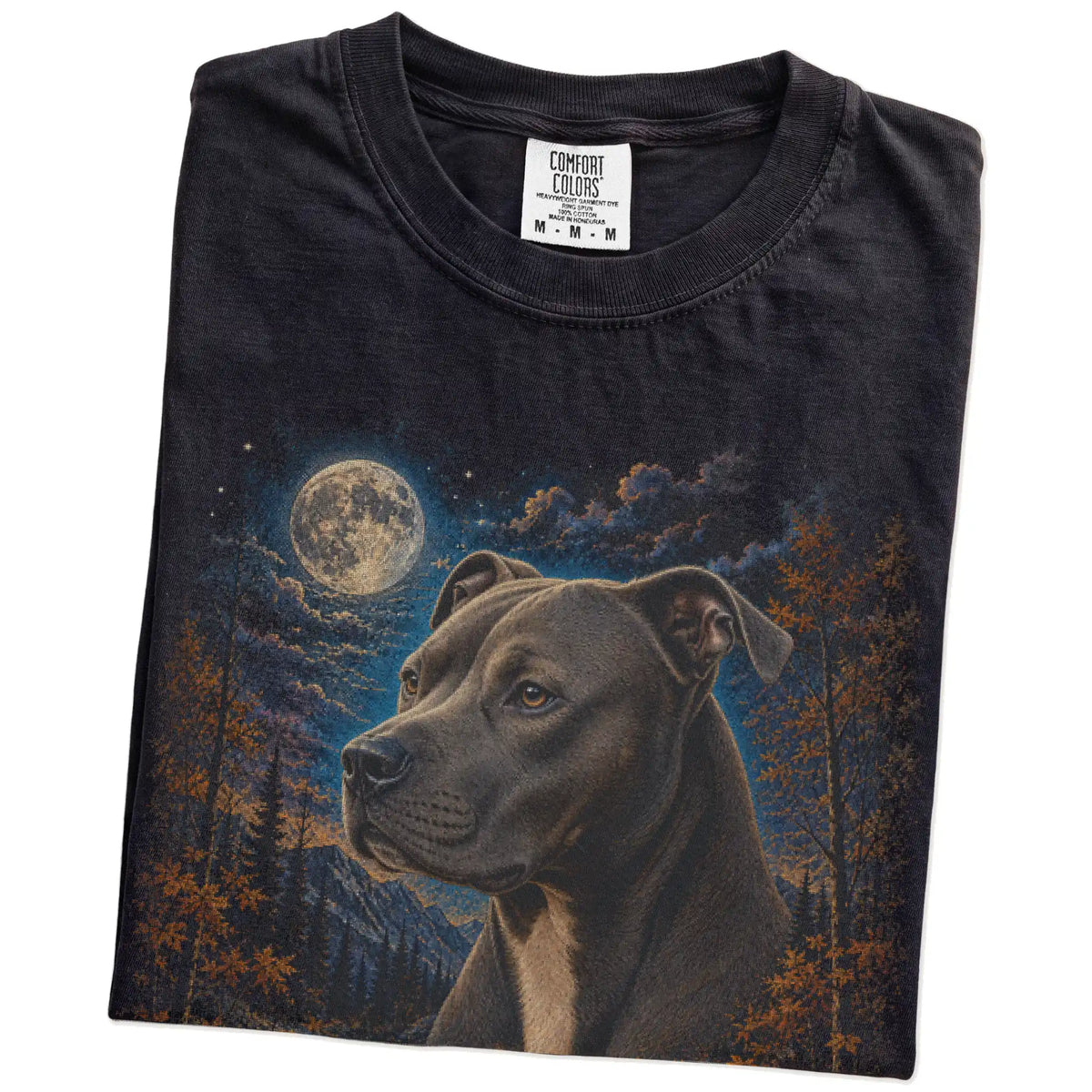 Folded black T-shirt with Pitbull Autumn Moon artwork.