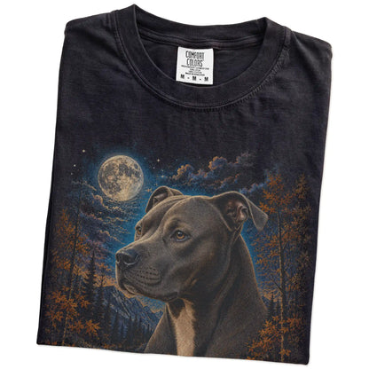 Folded black T-shirt with Pitbull Autumn Moon artwork.