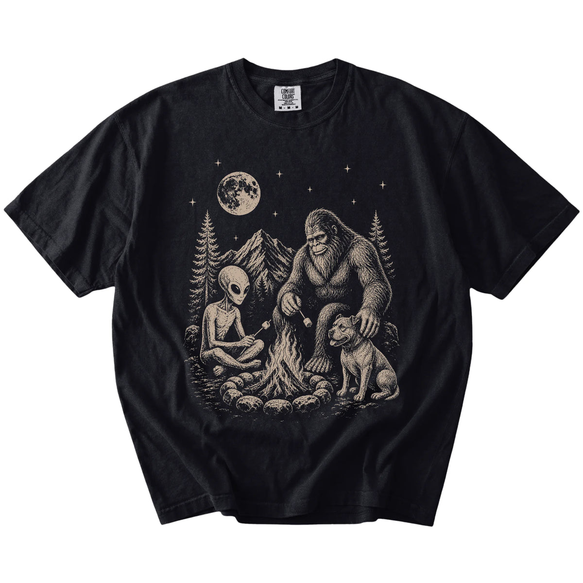 Pitbull camping with Bigfoot and an alien on a Black Comfort Colors® T-shirt