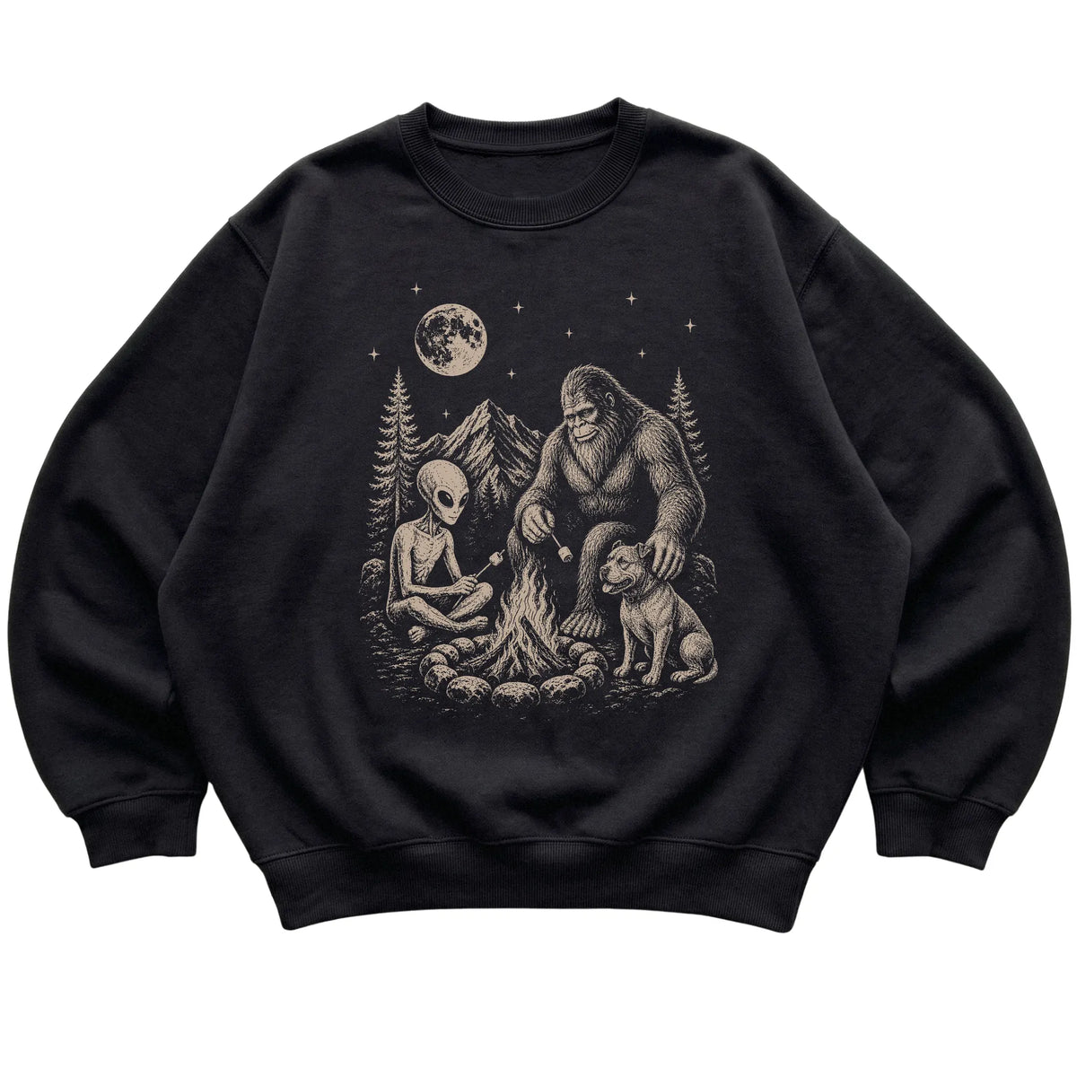 Black Pitbull Camping with Bigfoot and Alien shirt laid flat