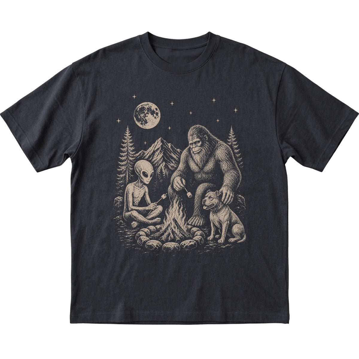 Black Pitbull Camping with Bigfoot and Alien shirt laid flat