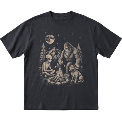 Black Pitbull Camping with Bigfoot and Alien shirt laid flat