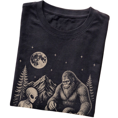 Black Pitbull Camping with Bigfoot and Alien folded detail view