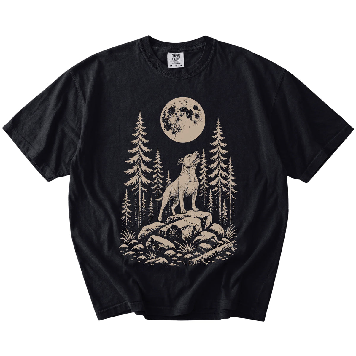 Pitbull howling beneath the moon and pine trees on a Black Comfort Colors® T-shirt