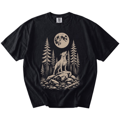 Pitbull howling beneath the moon and pine trees on a Black Comfort Colors® T-shirt