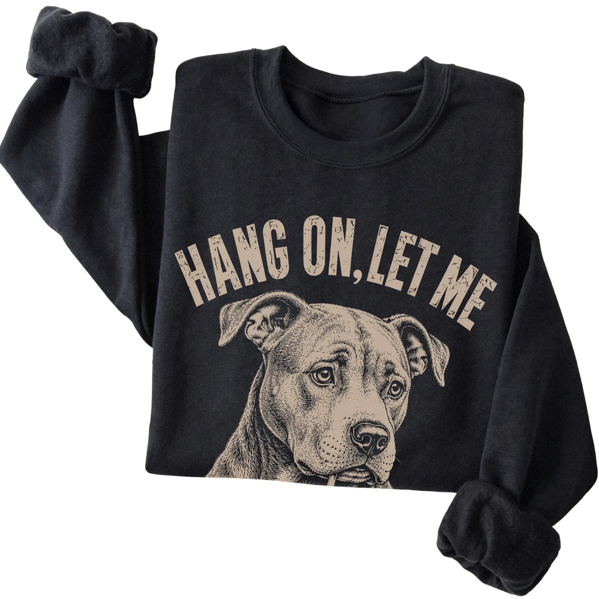 Black crewneck sweatshirt featuring Overthinking Pitbull, folded presentation
