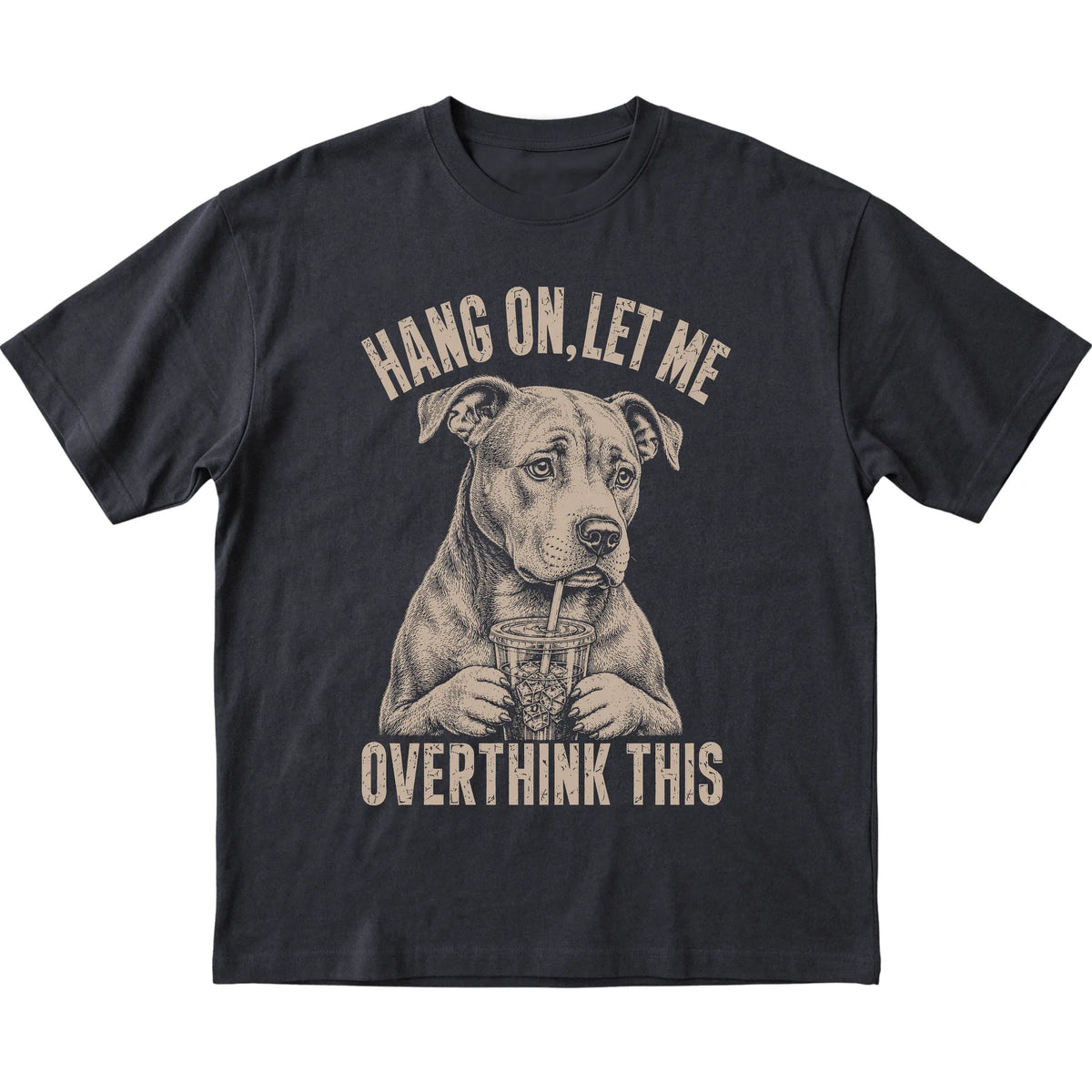 Black T-shirt featuring Overthinking Pitbull, laid-flat presentation