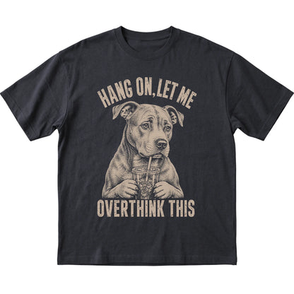 Black T-shirt featuring Overthinking Pitbull, laid-flat presentation