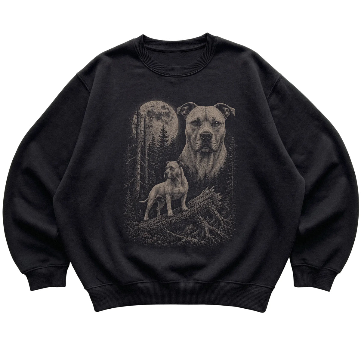 Pitbull Moonlit Forest graphic on a black crewneck sweatshirt laid flat